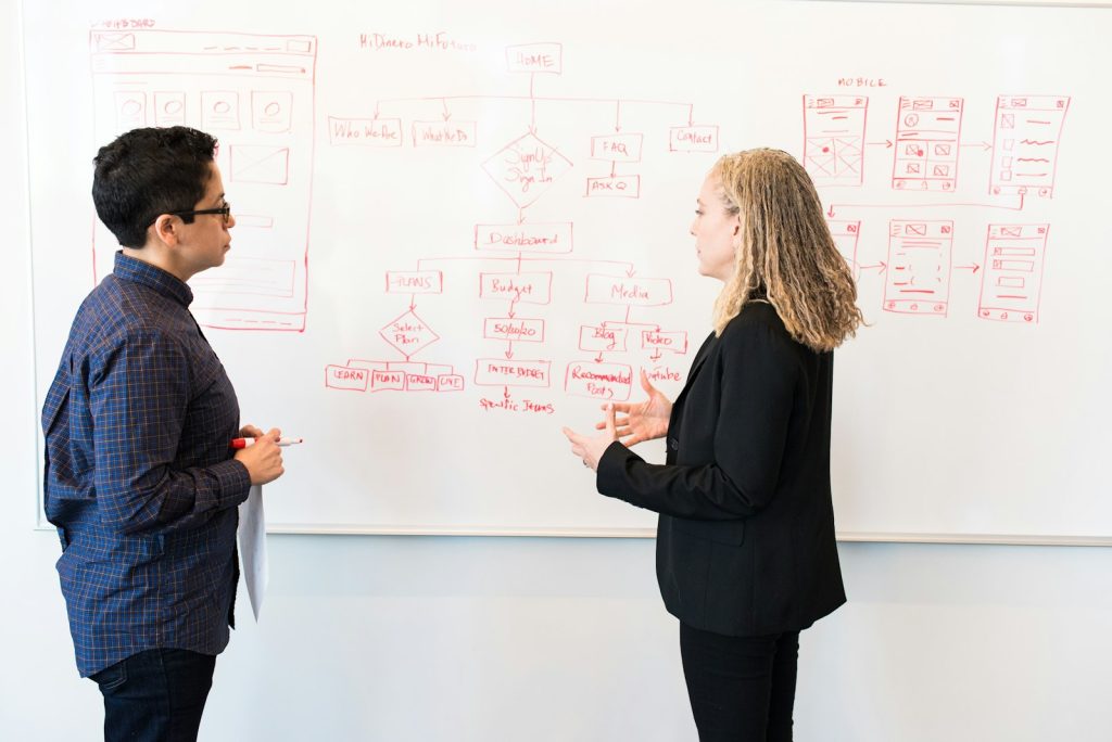 Two colleagues discussing a custom digital strategy at a whiteboard